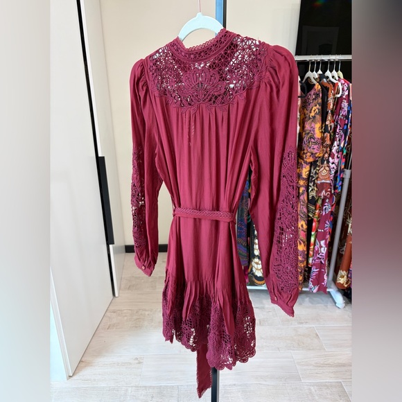 FARM Rio: Burgundy Long Sleeve Lace Detail Mini Dress - Picture 9 of 11